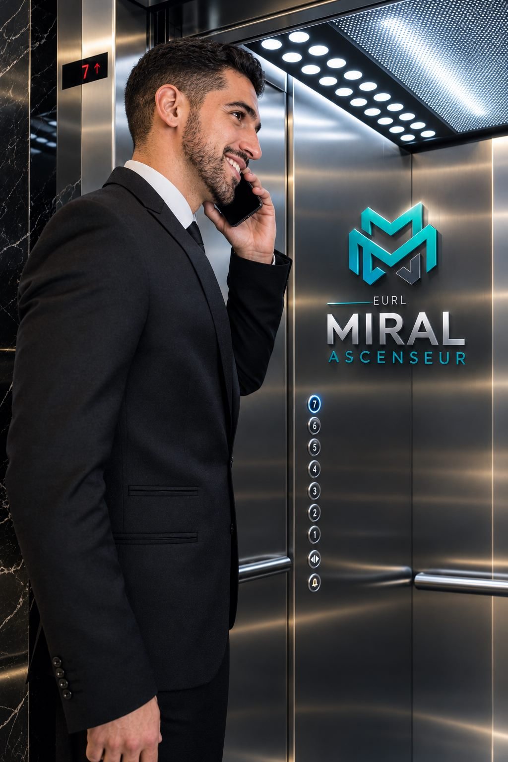 Conseiller Miral Ascenseur au téléphone dans une cabine aux couleurs de la marque