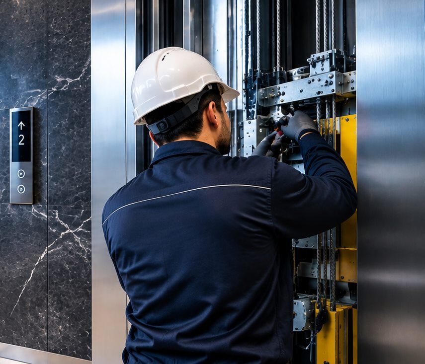 Technicien Miral Ascenseur effectuant la maintenance du mécanisme d’un ascenseur